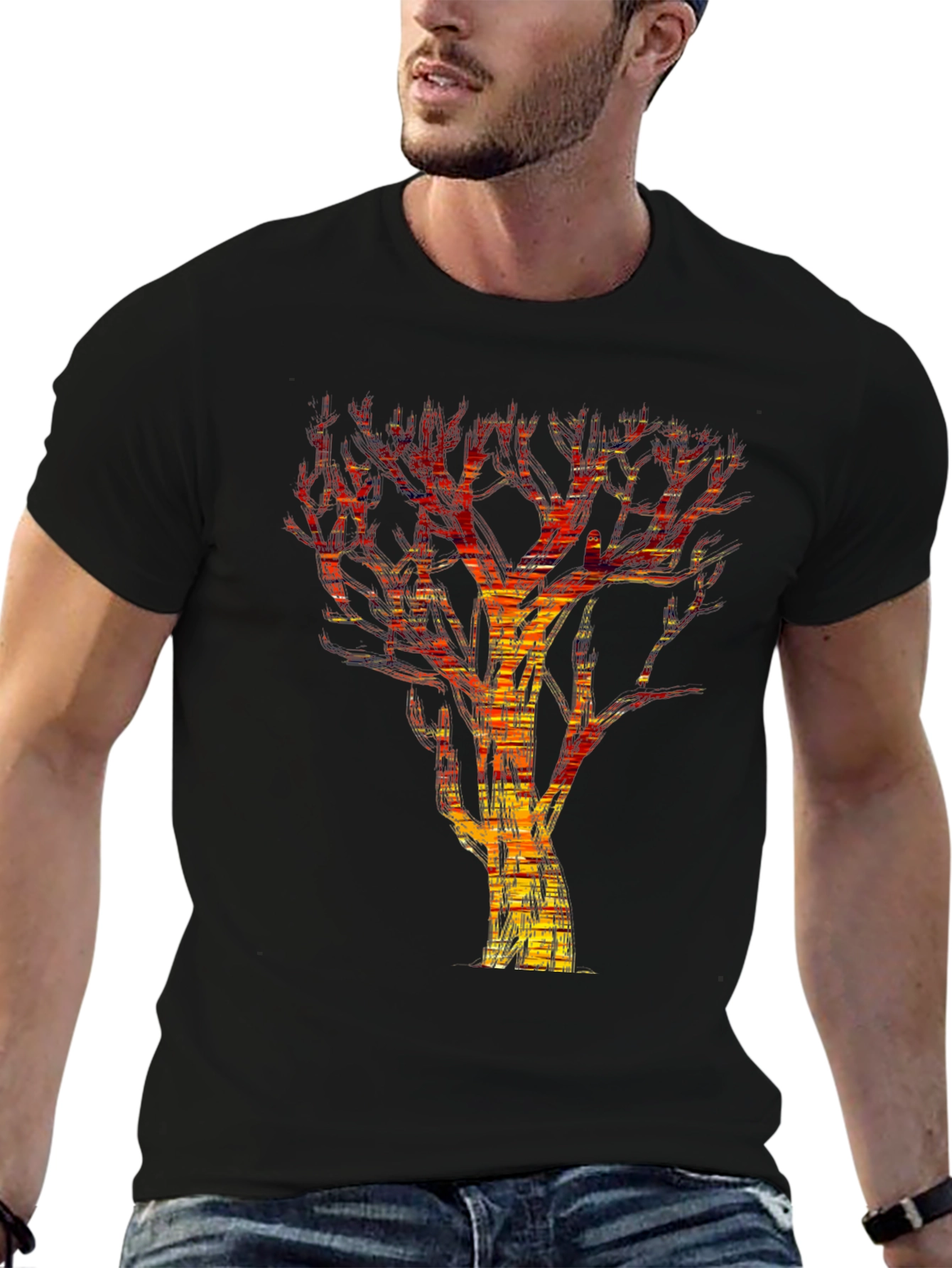 Abstract Fire Tree Graphic Tee - Modern Black T-Shirt