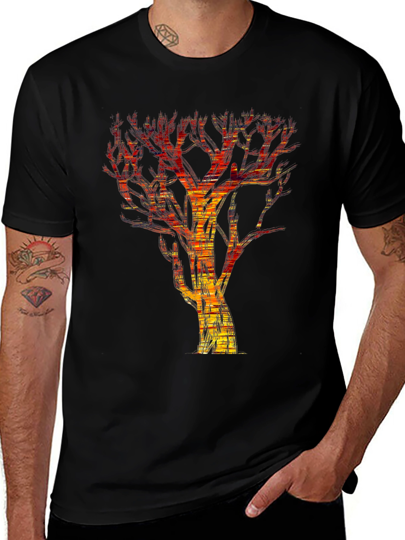 Abstract Fire Tree Graphic Tee - Modern Black T-Shirt