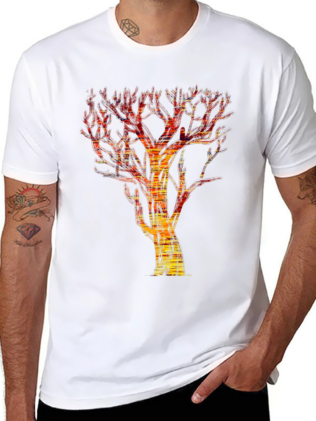 Abstract Fire Tree Graphic Tee - Modern Black T-Shirt