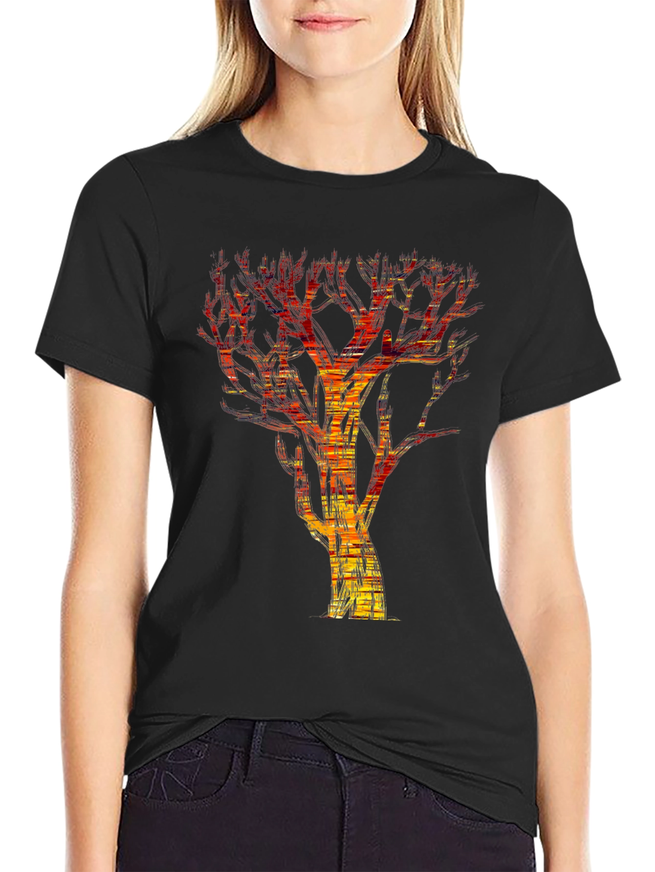 Abstract Fire Tree Graphic Tee - Modern Black T-Shirt